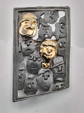 Vintage Ultra Craft "Faces in a Crowd" Pewter Statement Brooch